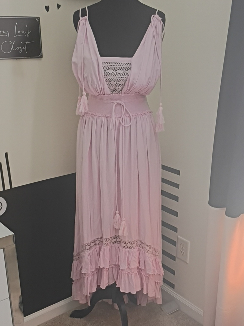 VENUS Light Pink Boho High/Low Maxi Dress with Tassel Waist And Straps